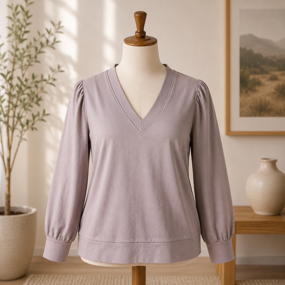 AnyBody Puff Shoulder V-Neck Sweatshirt Size MP Mauve Long Sleeve Pullover